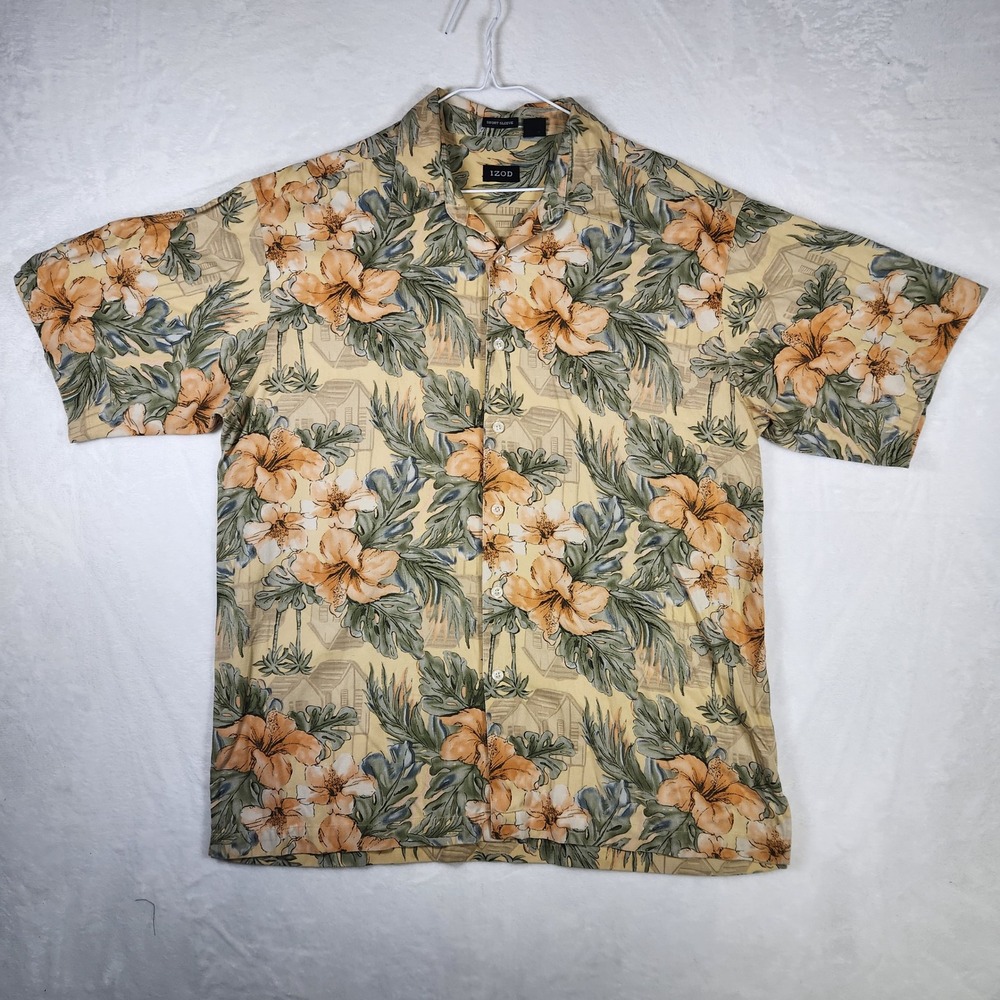 IZOD Mens Floral Tropical Hawaiian Button Up Short Sleeve Shirt‎ Large